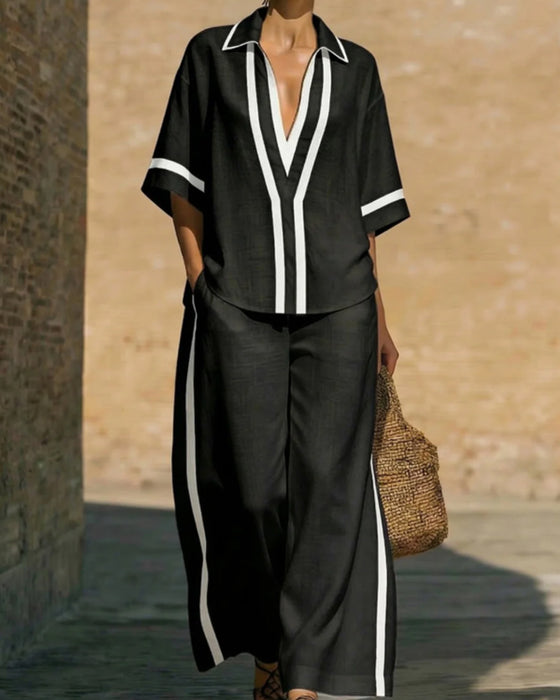 Shirt Lapel Contrast Wide Leg Pant Two-Piece Set