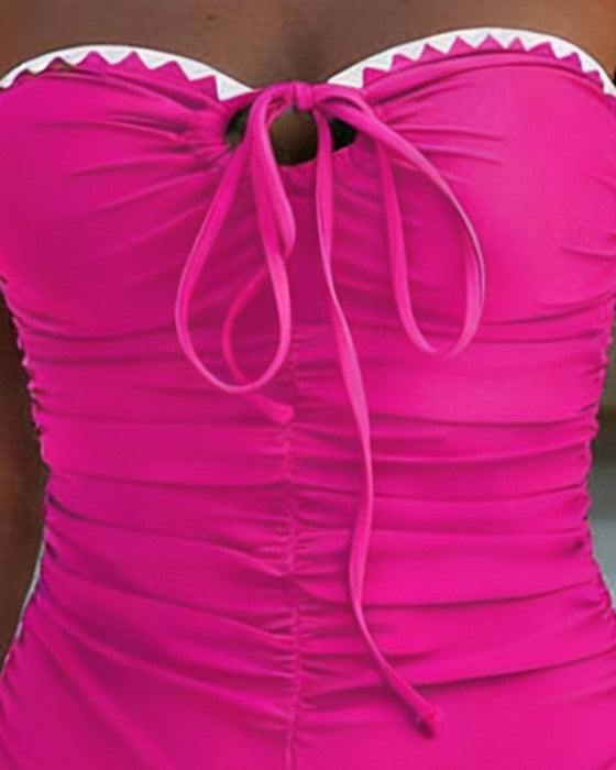 Strapless Color-Blocked Pleated One-Piece Swimsuit