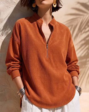 Zip Stand Collar Corduroy Blouse