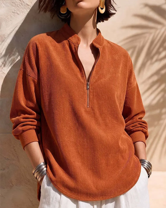 Zip Stand Collar Corduroy Blouse