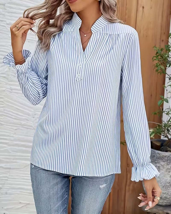 Button-Down V-Neck Striped Blouse