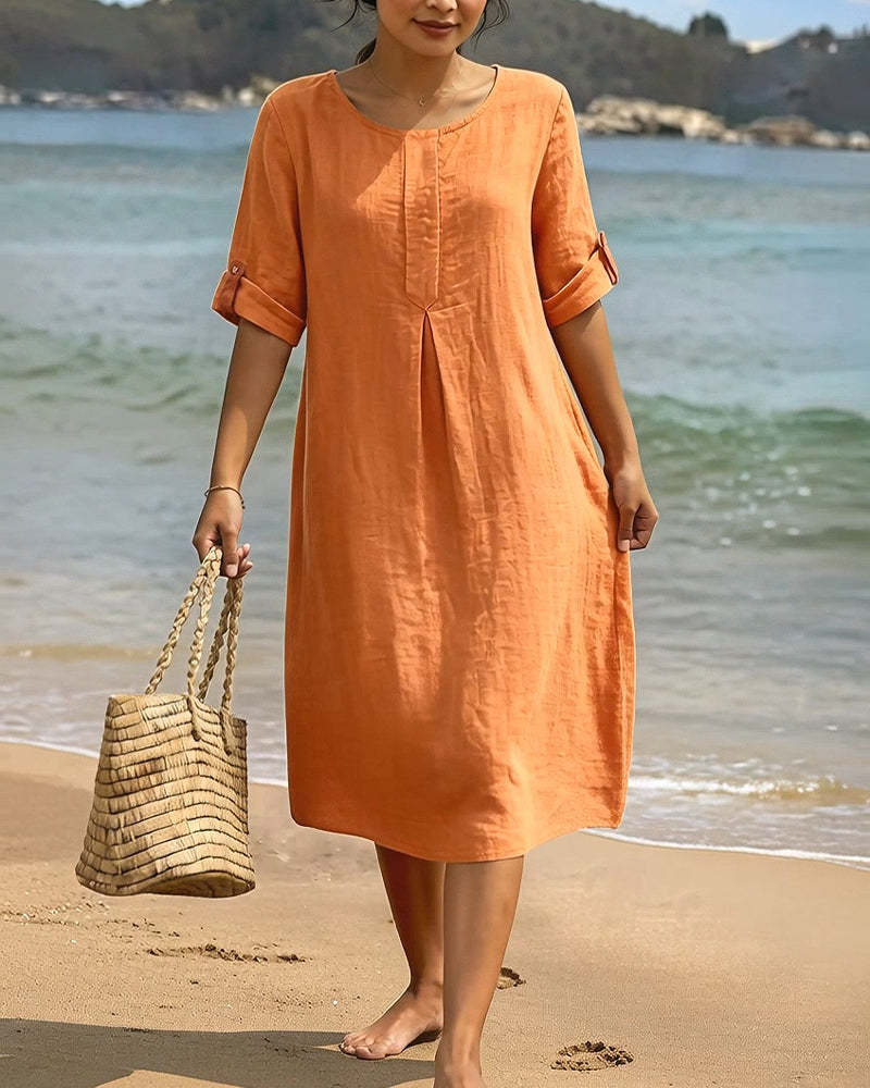Relaxed Solid Round Neck Mid-Length Dress