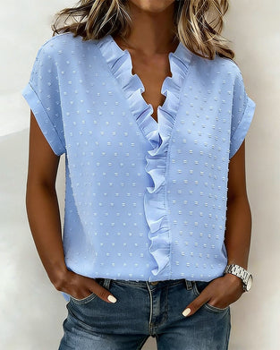 Ruffle V-Neck Jacquard Blouse