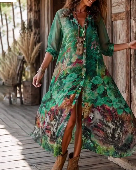 Shirt Collar Slit Floral Dress
