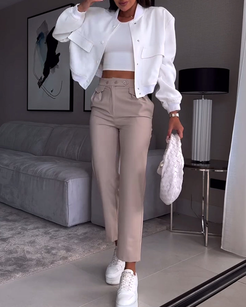 Solid color pocket casual suit pants