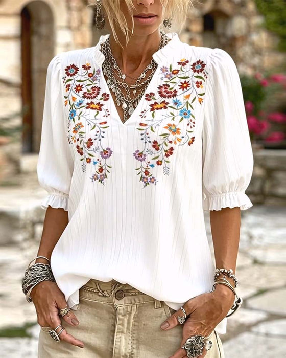Ruffle Trim Print Casual Blouse