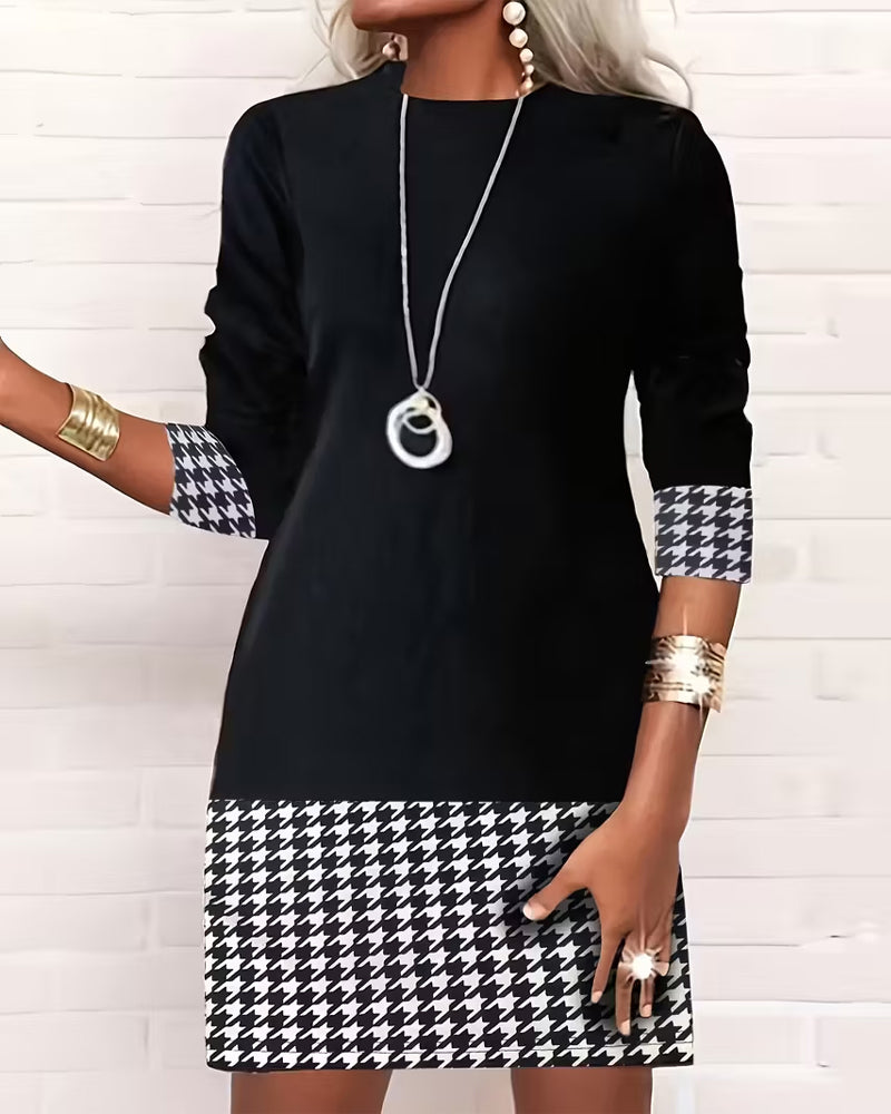 Houndstooth Paneled Long-Sleeved Dress