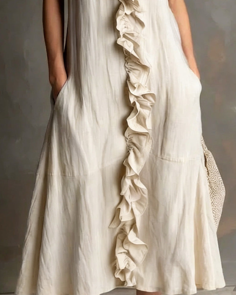Ruffle V-Neck Pocket Sleeveless Dress