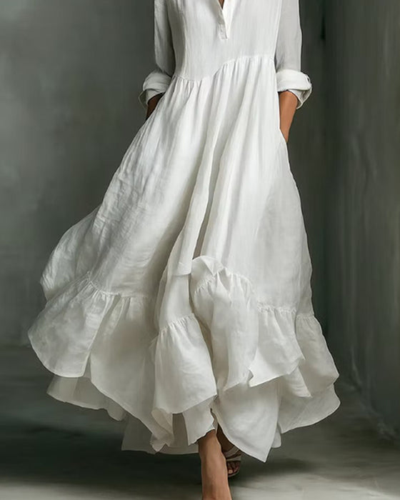 Mandarin Collar Half Button A-Line Dress