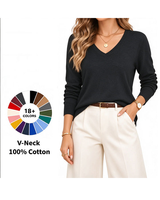V-Neck Solid Long-Sleeved Pullover