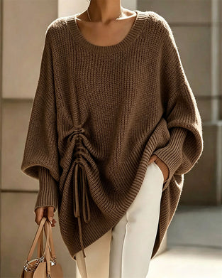 Crew Neck Drawstring Relaxed Solid Knit Pullover