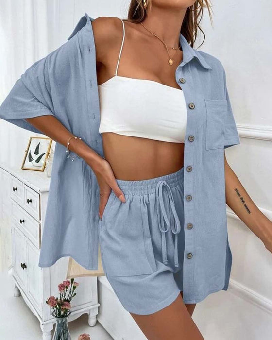 Casual solid color shirt and shorts set