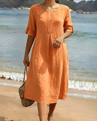 Relaxed Solid Round Neck Mid-Length Dress
