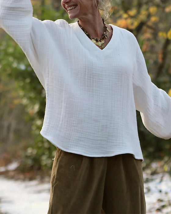 100% Cotton Fashion V-Neck Long-Sleeved Top