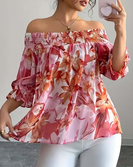 Off-Shoulder Print Bubble Sleeve Blouse