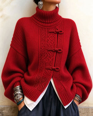 Vintage Knot Button Turtleneck Fashion Pullover