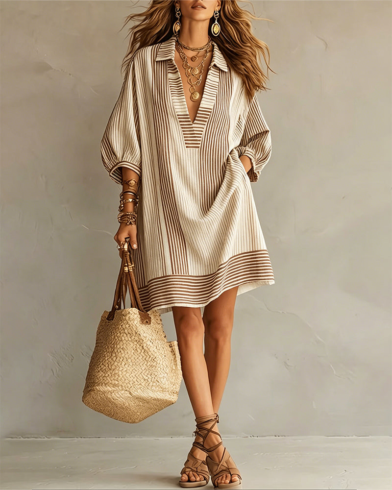 Three-Quarter Lantern Sleeve Striped Dress