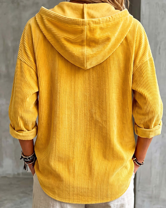 Hooded Striped Button Drawstring Coat