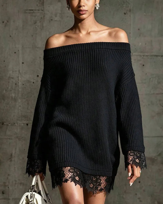 Off-Shoulder Ribbed Lace Patchwork Sweater Dress