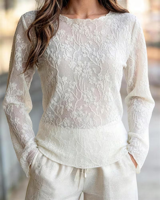 Round Neck Lace Sheer Fitted Blouse