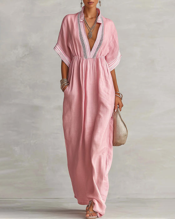 V-Neck Ruched Striped Loose Dress