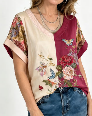 V-Neck Asymmetric Patchwork Floral Blouse