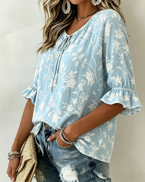 Tie Ruffle Print Blouse