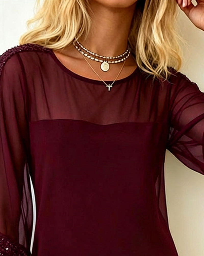 Sequin Paneled Mesh Crew Neck Dress