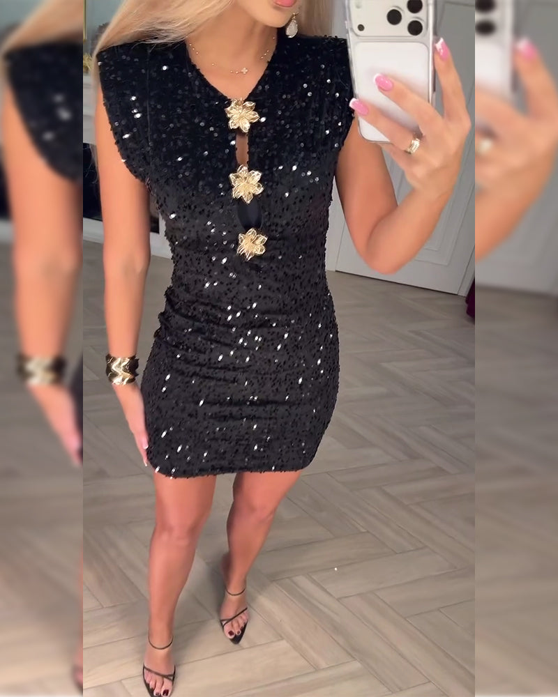 V-Neck Sleeveless Sequin Dress