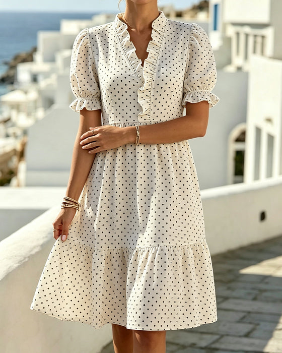 V-Neck Lace Trim Polka Dot Dress
