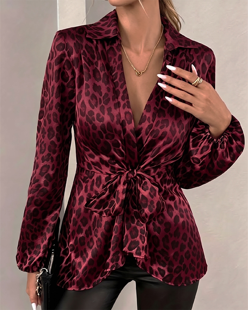 Leopard Print Lapel Bandage Waist Top