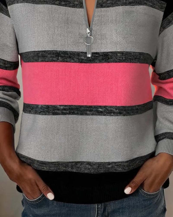 Zip Striped Long Sleeve Sweatshirt