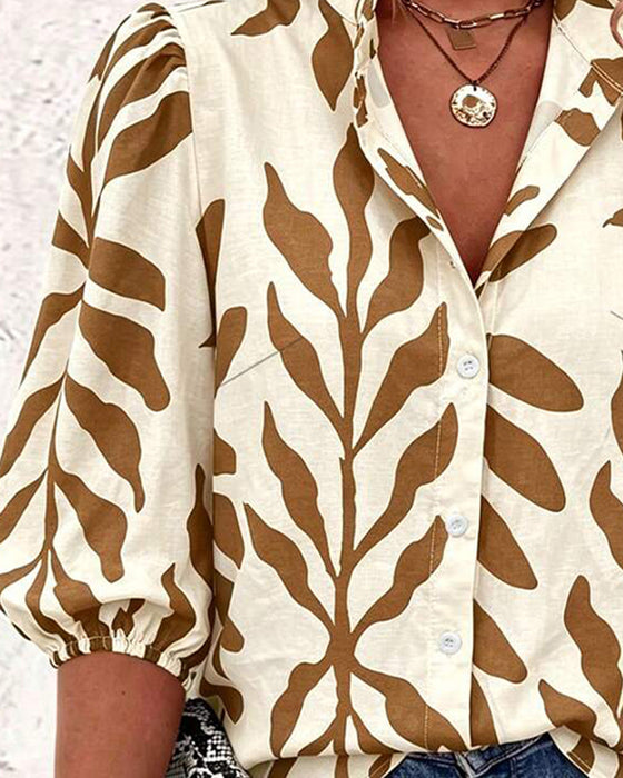 Stand Collar Leaf Print Blouse