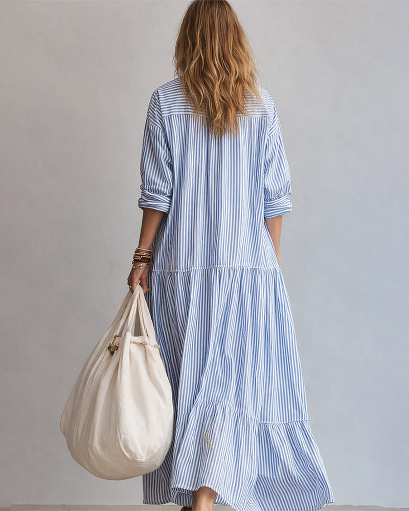 Casual Lapel Striped Long Dress