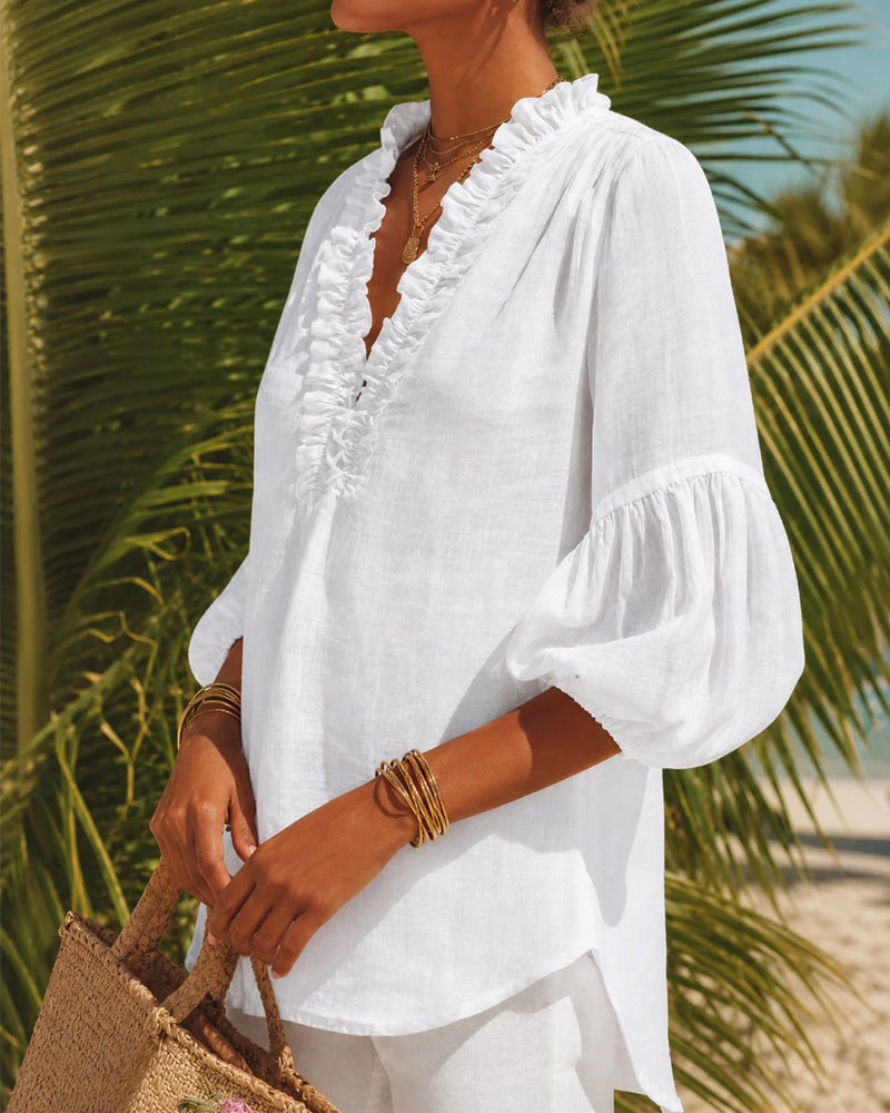 Ruffle Edge Puff Sleeve V-Neck Blouse