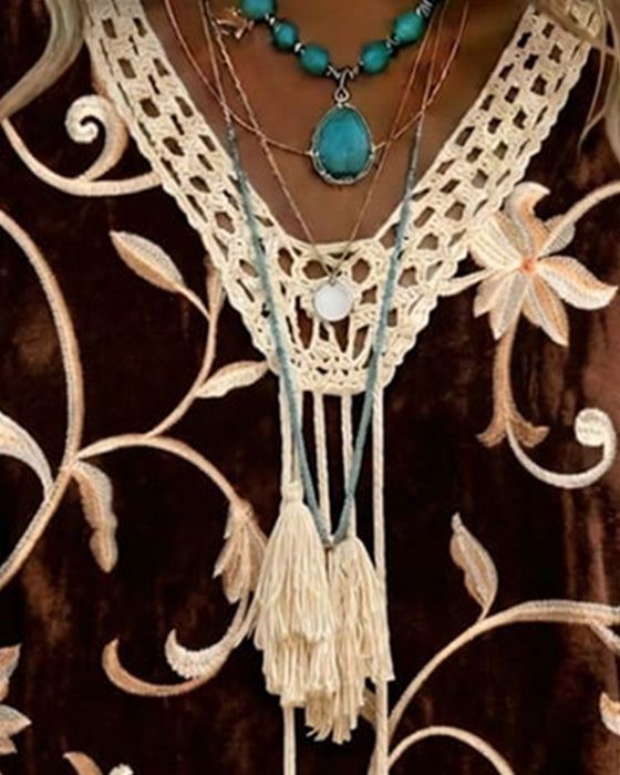 V-Neck Lace Fringe Floral Blouse
