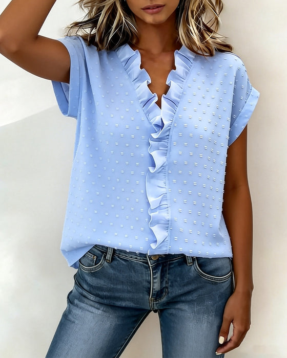 Ruffle V-Neck Jacquard Blouse