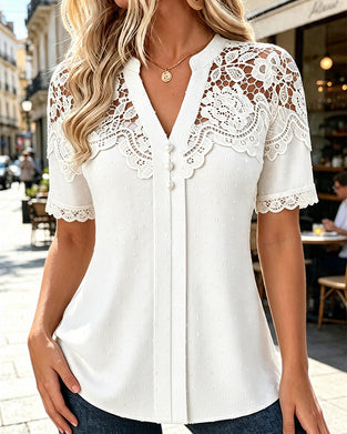 Lace Patchwork V-Neck 3D Floral Blouse