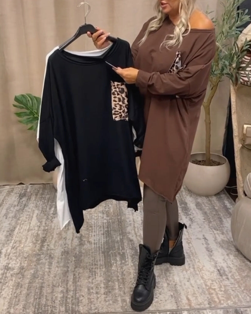 Casual crew neck leopard print pocket long sleeve top