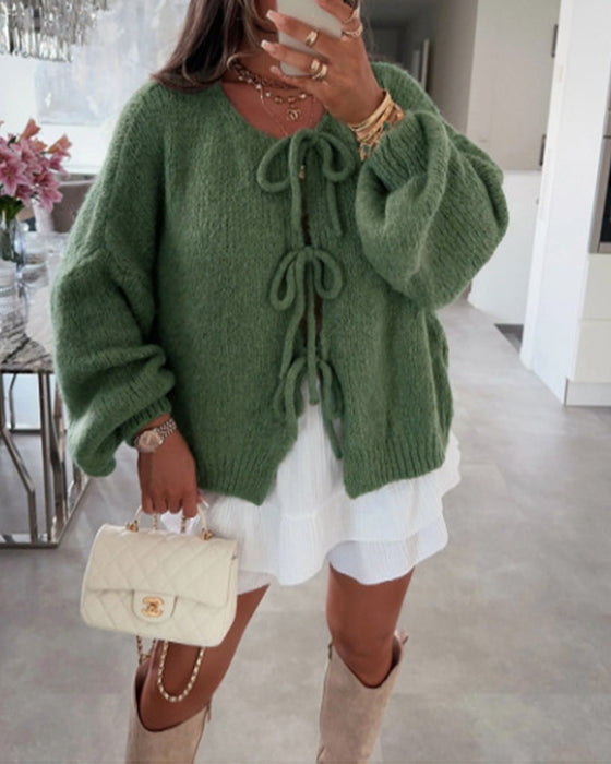 Lazy style solid color lace-up cardigan