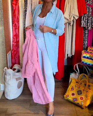 Solid color lapel mid-length shirt