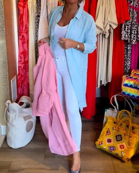 Solid color lapel mid-length shirt