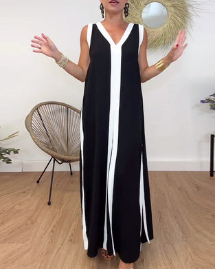 Fashionable contrasting print V-neck sleeveless dress