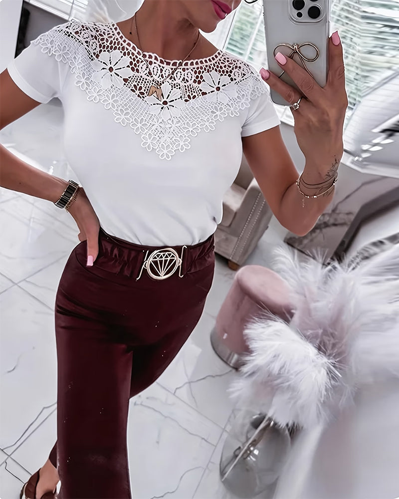 Hollow Out Lace Patchwork T-Shirt