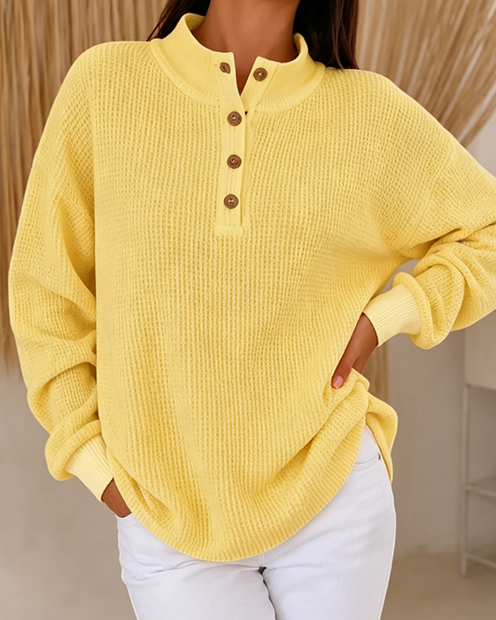 Mock Neck Waffle Buttoned Top