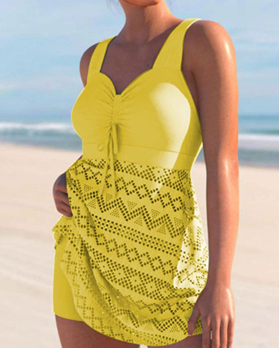 Solid Color Lace Panel Tankini