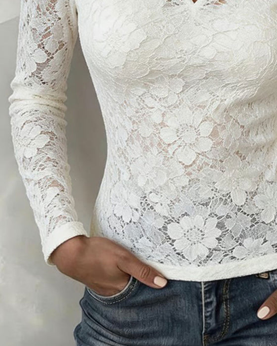 Small Turtleneck Hollow Lace Slim-Fit Top