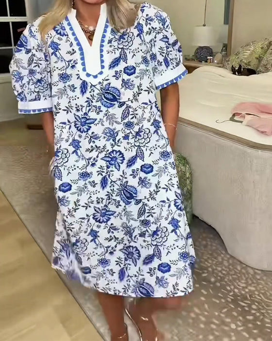 Blue and White Porcelain Print V-Neck Dress