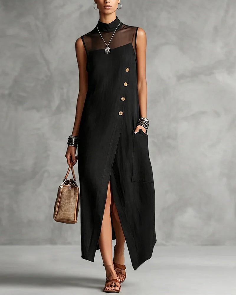 High Collar Sleeveless Long Pockets Dress