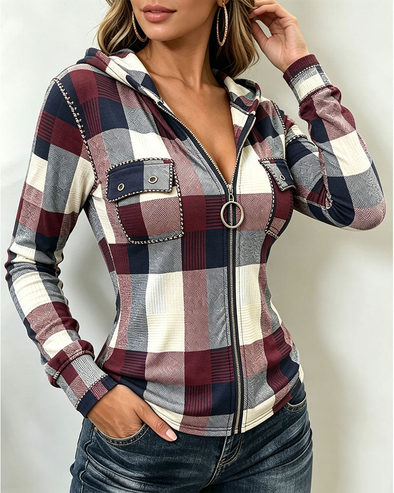 Hooded Zip Plaid Coat